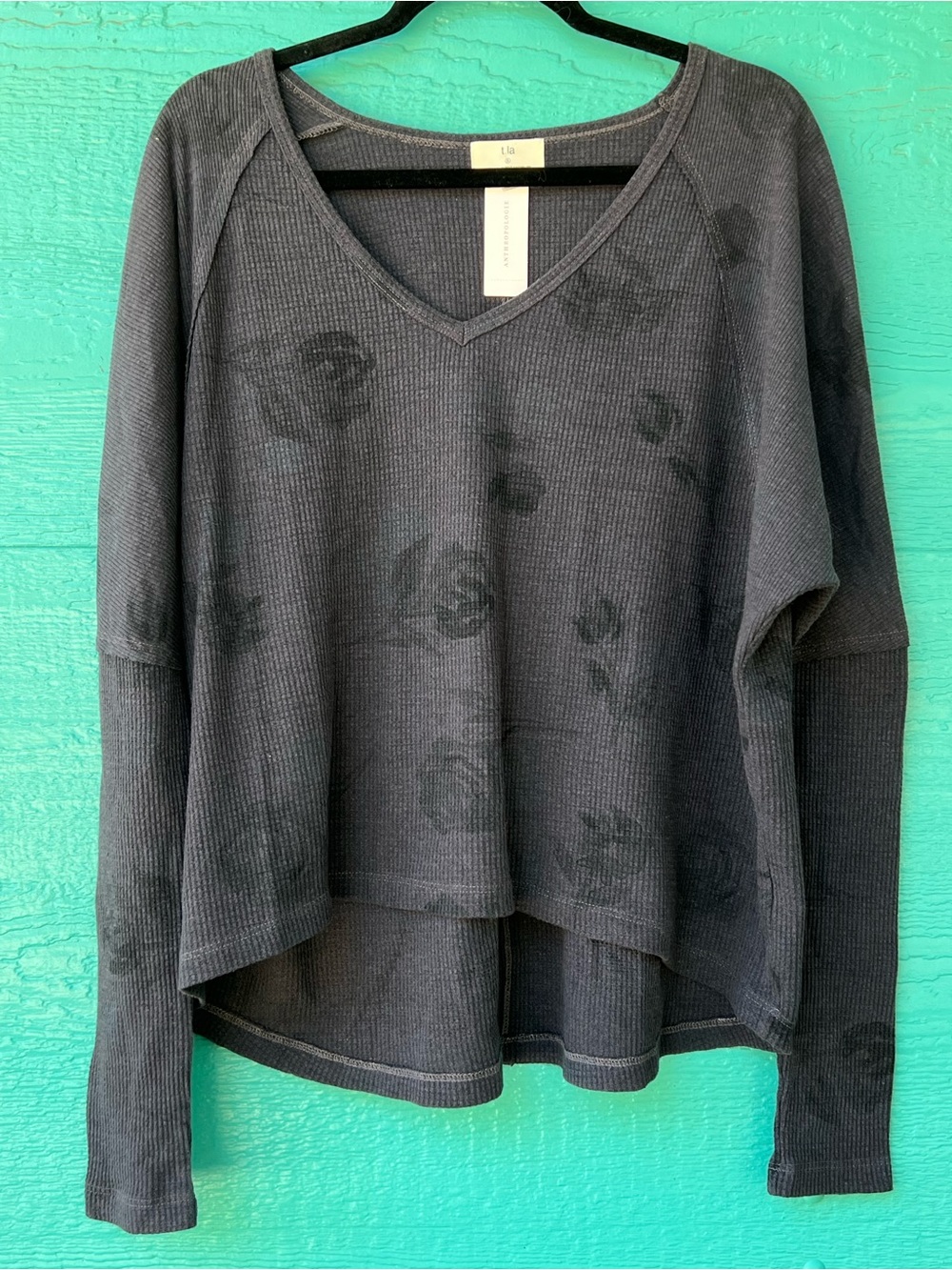 Anthropologie Waffle Knit Black on Black Top Thermal Size S NWT OVERSIZED